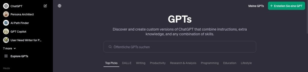 GPT's und der GPT Store innerhalb von ChatGPT unter "Explore GPTs" zu finden