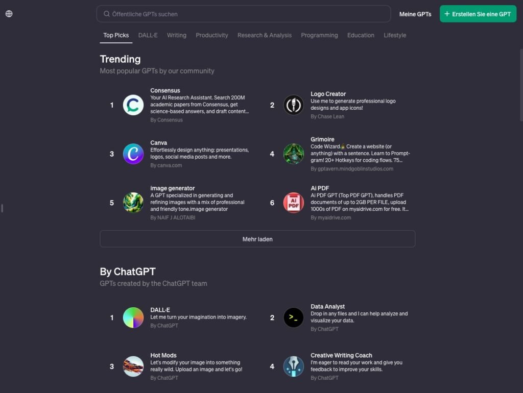 Die GPTs werden im GPT Store in bestimmten Kategorien wie "Trending" und "Kuratiert von OpenAI"