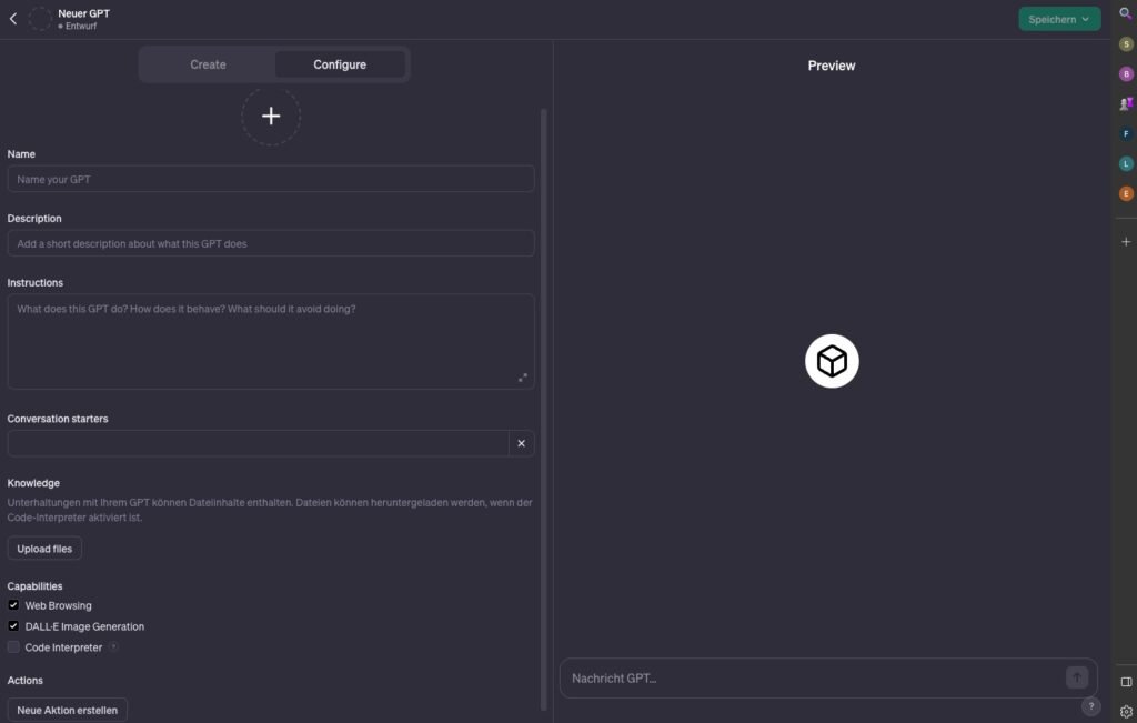 Der GPT Builder mit all seinen Funktionen in der "Configure"-Ansicht
